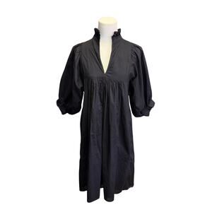 Never A Wallflower Black Cotton Ruffle Neck Babydoll Midi Dress Puff Sleeve XS